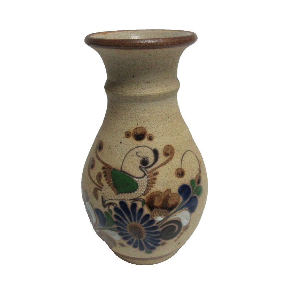 VTG Tonala Mexican Folk Art Pottery Vase Bird & Flowers Sandstone Signed 9" Tal